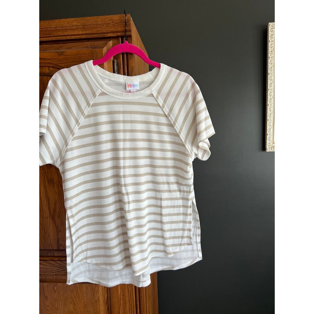 LuLaRoe Striped Waffle Knit Top S Tan White Raglan Sleeve High Low Curved‎ Hem